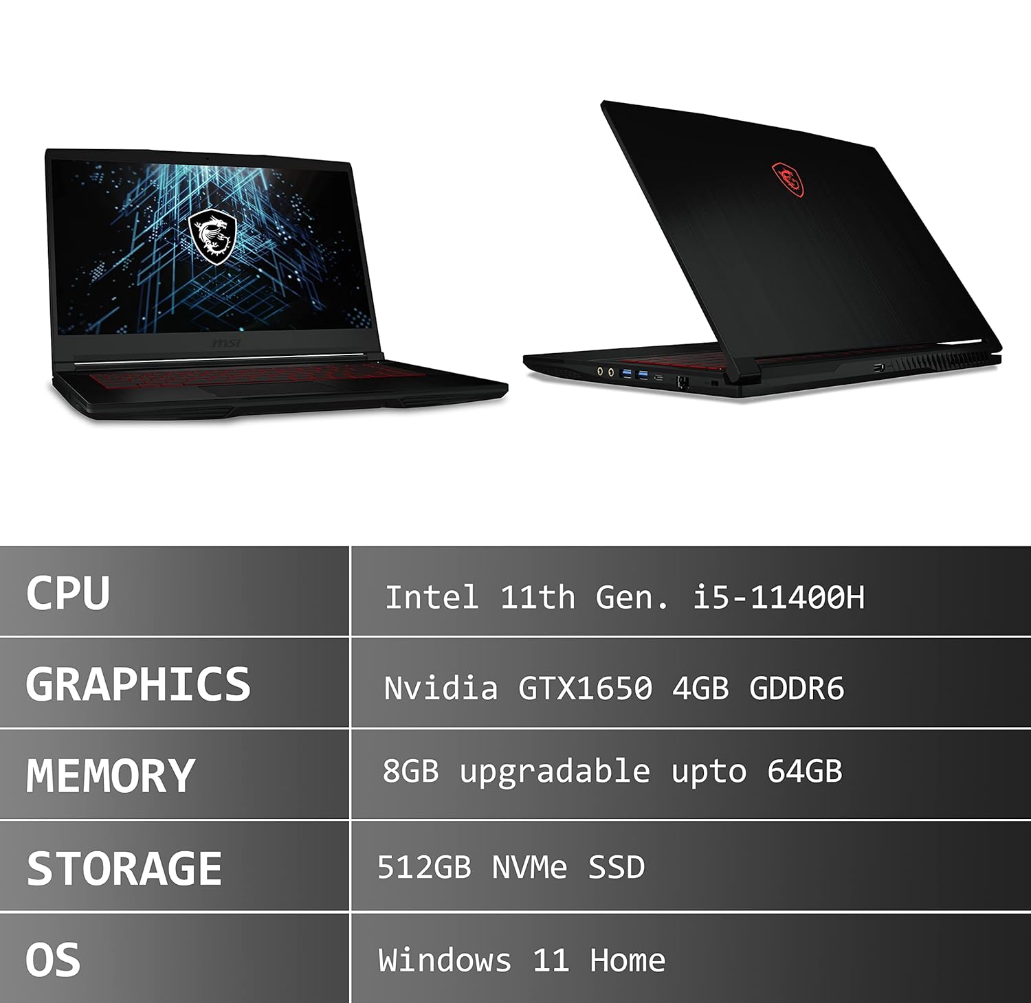 Msi Gf63 Thin 11ucx -1466xro Core-I5-11260h 16gb 512gb Ssd 15.6" 144hz 4gb Rtx2050 Dos 15.6" Fhd Eng Black , 9s7-16r612-1466