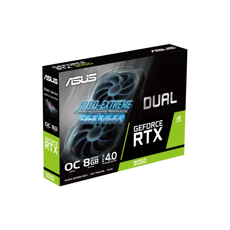 Asus Dual GeForce RTX 3050 OC Edition 8GB 128 Bit GDDR6 PCI Express 4.0 x16 Graphics Card : Axial-Tech Fan Design, 0dB Technology, 3 x DP 1.4a, 1 x HDMI 2.1. HDCP Support 2.3